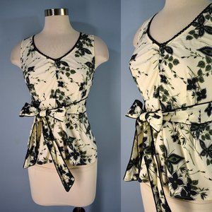 ODILLE Anthropologie Top 2 Empire Tie Waist Butterfly Flowers Stretch Cotton XS